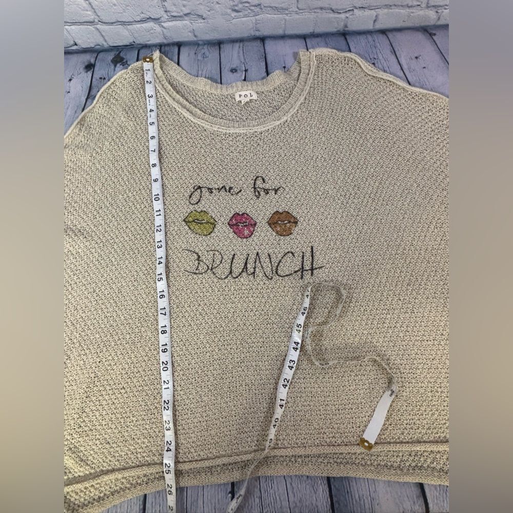 POL Oversize Open Knit Crochet Gone for Brunch Graphic Casual Comfy Sweater M - Picture 7 of 8